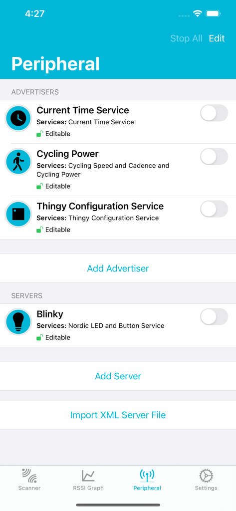 nRF Connect for Mobile app screen showing Bluetooth LE peripheral advertiser and server configuration settings.