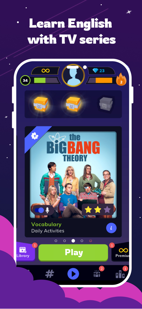 Wordbox English - Smartphone screen displaying the Wordbox English app interface with a lesson for The Big Bang Theory