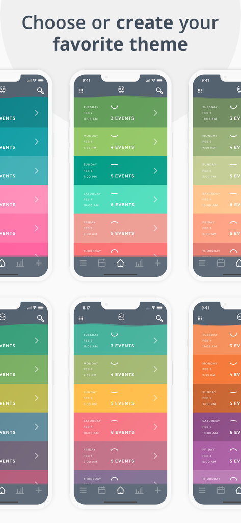 Emotion Tracker: Moodistory - Six smartphone screens showcasing different colorful and aesthetic UI themes for the Moodistory app