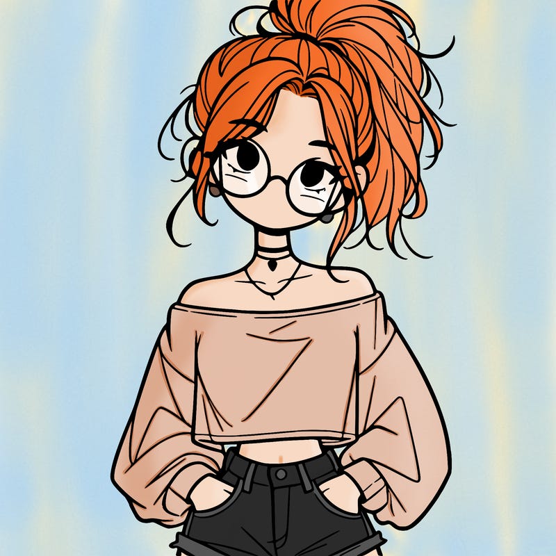 girl with a messy ponytail glasses a baggy crop top and jean shorts