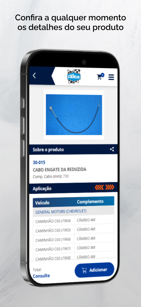 FANIA CABOS - Catálogo - Especificações técnicas e compatibilidade de veículos para um cabo no aplicativo Fania Cabos