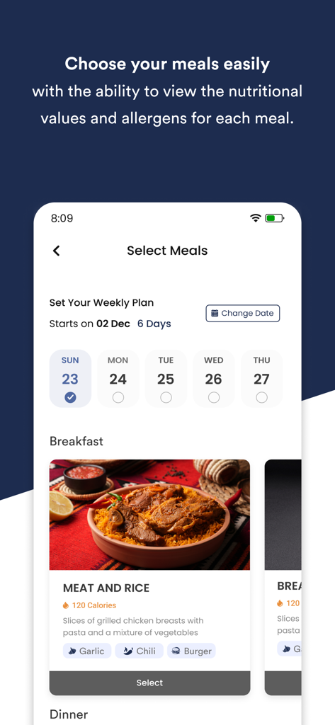 Golyv - جولايڤ - Golyv app screen for choosing meals with nutritional facts and allergen labels.