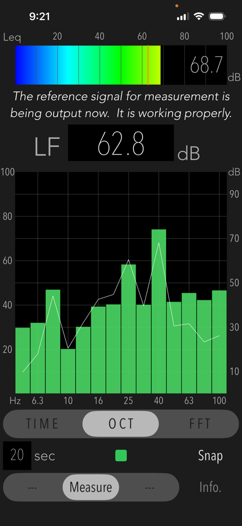 Low Frequency Detector - Interface of the Low Frequency Detector app showing a 1/3 octave band frequency analysis graph and decibel levels of low-frequency sound.