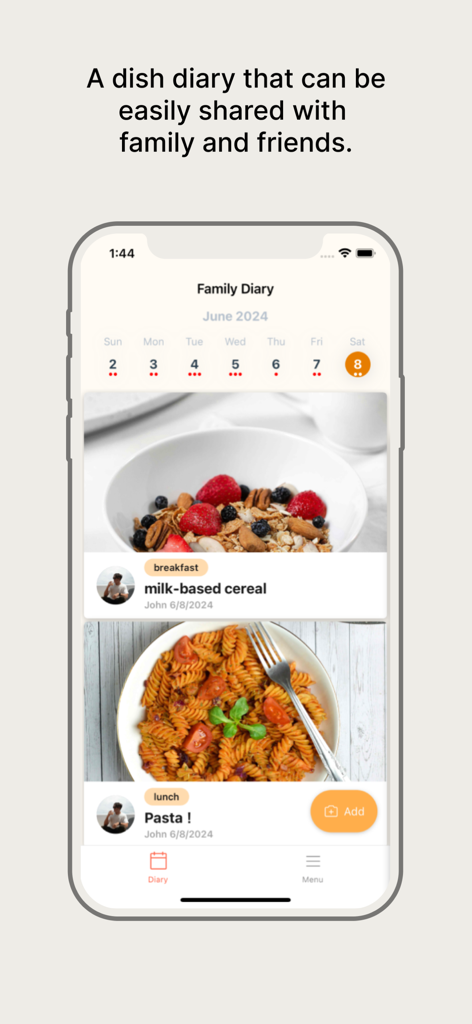 Dish Diary: Connect with Food - Dish Diaryアプリのインターフェース、食事の写真と説明付きの共有家族向けフードダイアリーを表示