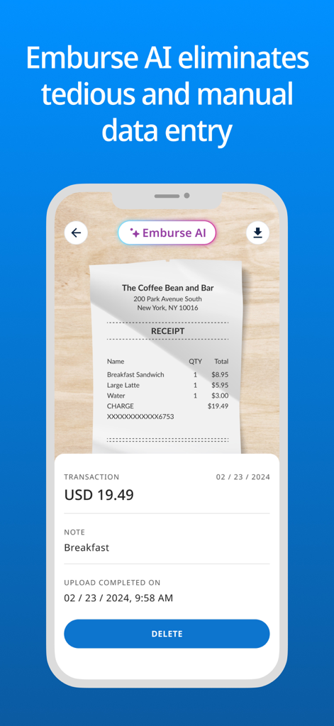 Emburse Enterprise mobile app displaying AI-powered receipt scanning and automated expense data extraction.