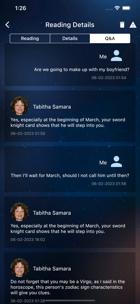 Chat screen showing a conversation with a real fortune teller in the Falyolu app