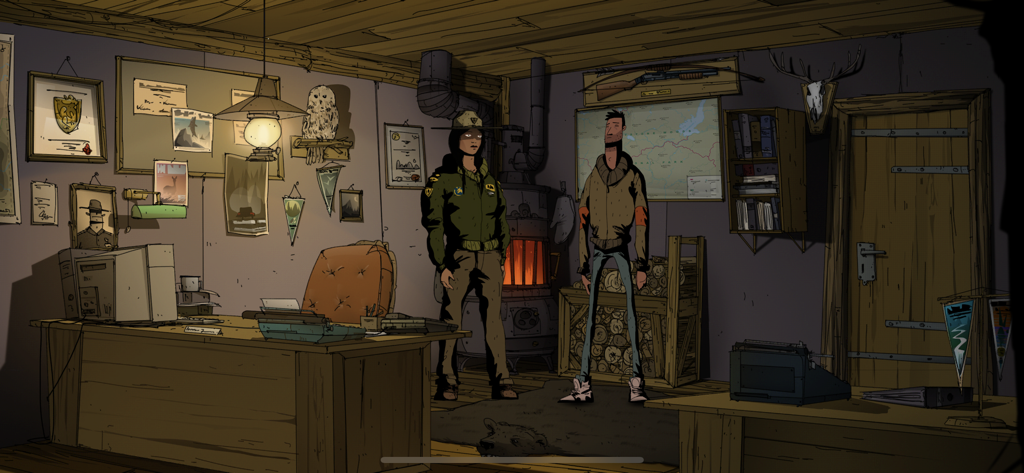 Hand painted 2D illustration of Harper Pendrell and a ranger inside a rustic office with a wood stove