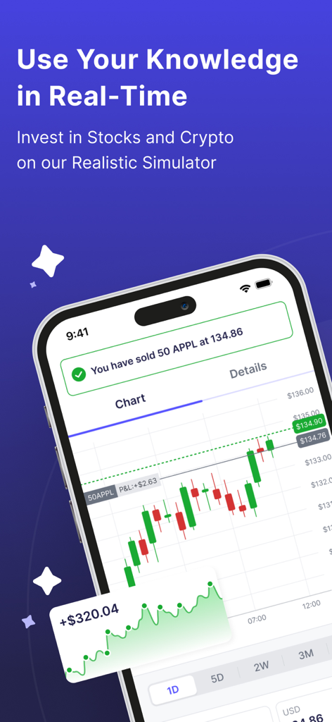 Prosperi Academy - Pantalla de la aplicación móvil Prosperi Academy que muestra un simulador de trading de acciones y criptomonedas en tiempo real con un gráfico de velas.