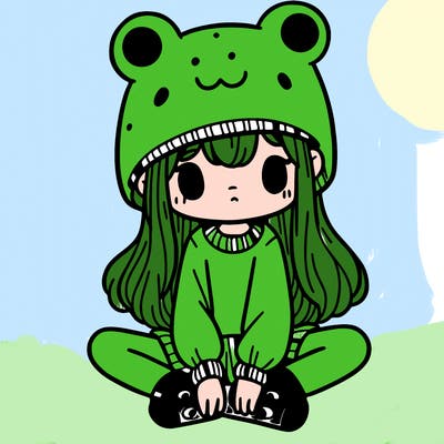 a girl wearing a frog hat and some frog socks