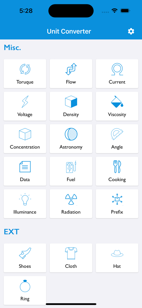 Digital scale to weight gram - Interface of the Unit Converter app showing multiple conversion categories like cooking fuel and clothing sizes