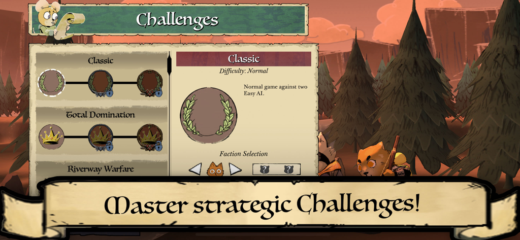 Root Board Game - Le menu stratégique "Défis" du Jeu de Société Root montrant différents modes de jeu et niveaux de difficulté.