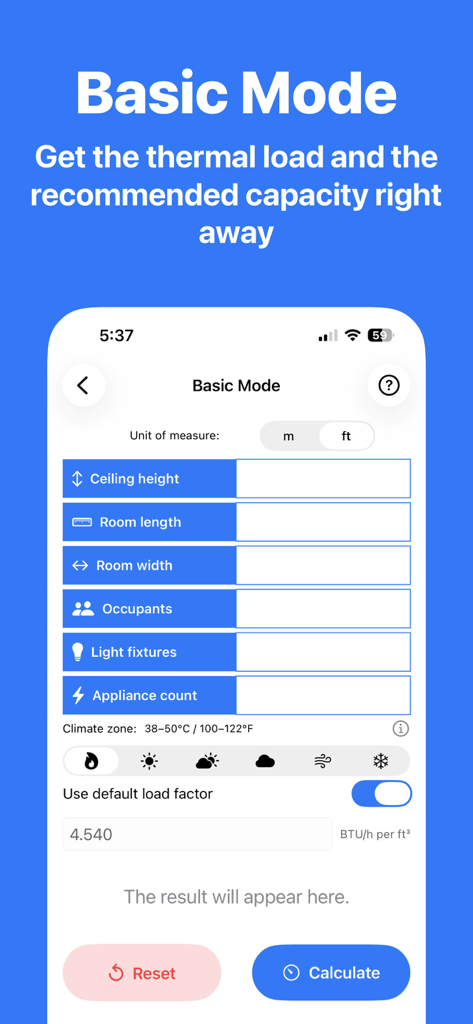 AC Calculator Pro app Basic Mode interface for calculating thermal load and air conditioning capacity based on room dimensions and occupants.