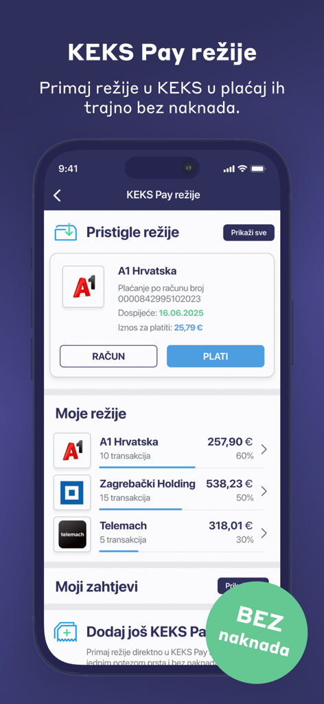 KEKS Pay - Interfaz móvil de la aplicación KEKS Pay que muestra facturas de servicios públicos entrantes y el historial de pagos sin comisiones.