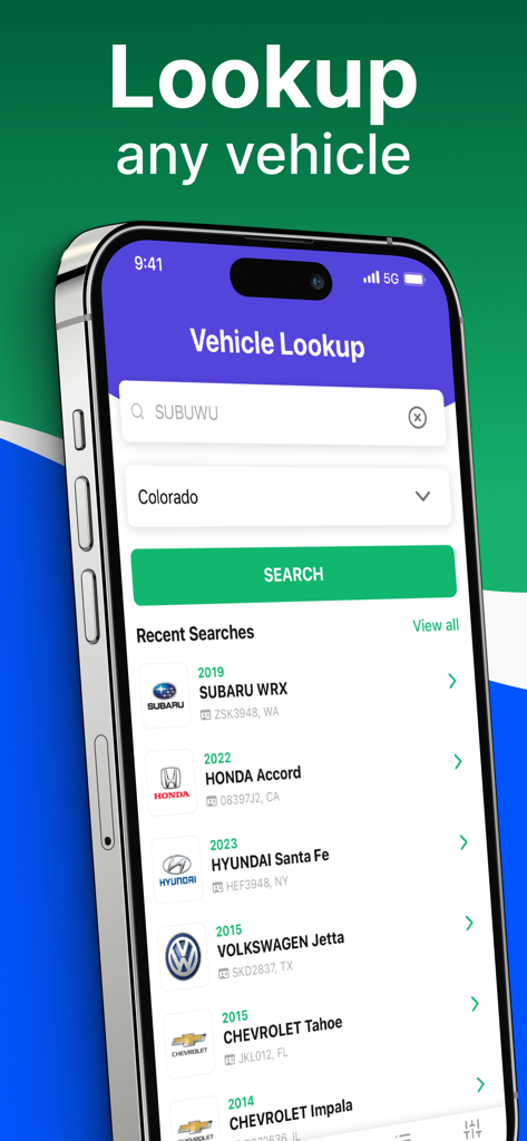 Plate Lookup: VIN Check - Mobile app interface for searching vehicle details by license plate with a list of recent searches