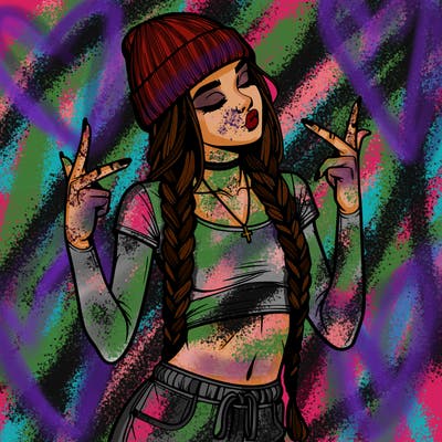 realistic teenage girl with braids and a beanie and crop top doing 🫶🏼