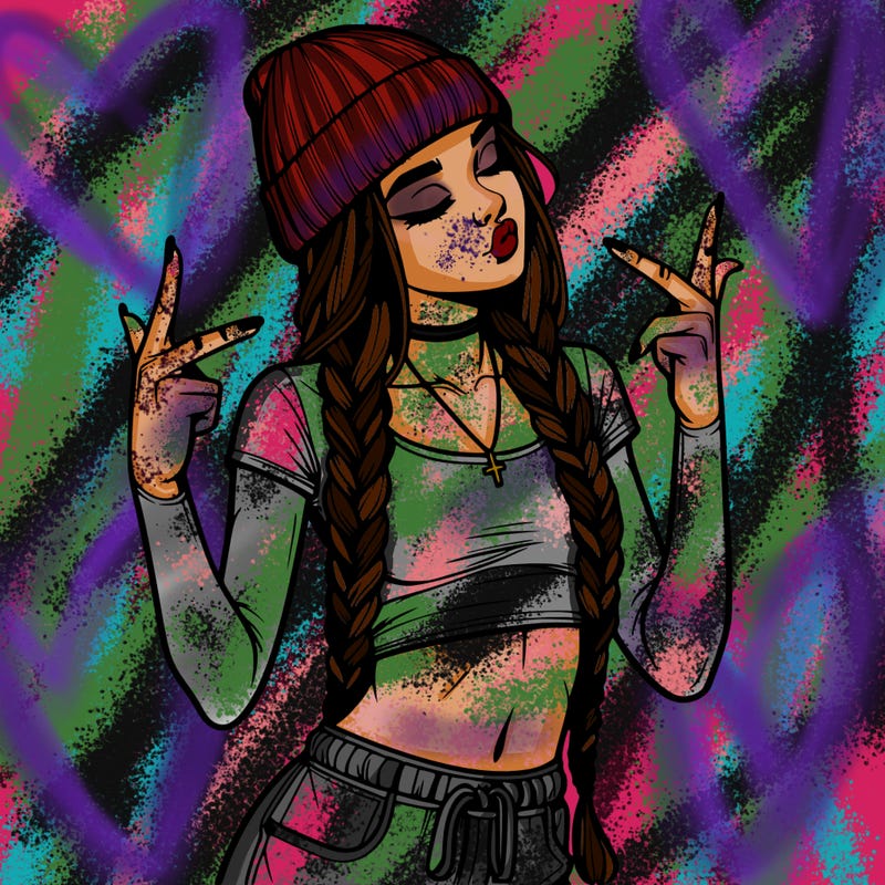realistic teenage girl with braids and a beanie and crop top doing 🫶🏼