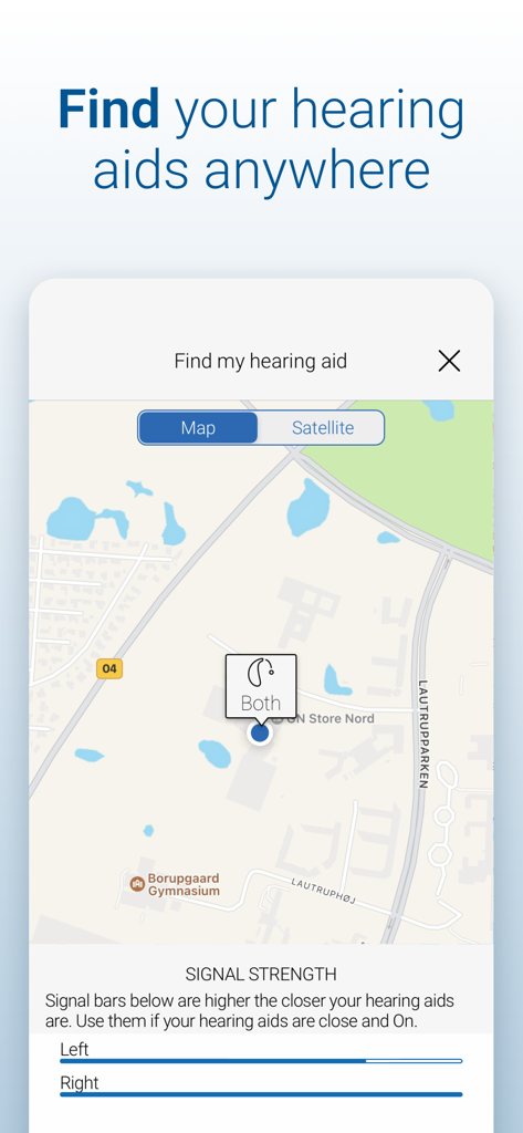 Beltone HearMax - Pantalla de la aplicación Beltone HearMax que muestra un mapa para localizar audífonos perdidos con indicadores de intensidad de señal para los dispositivos izquierdo y derecho