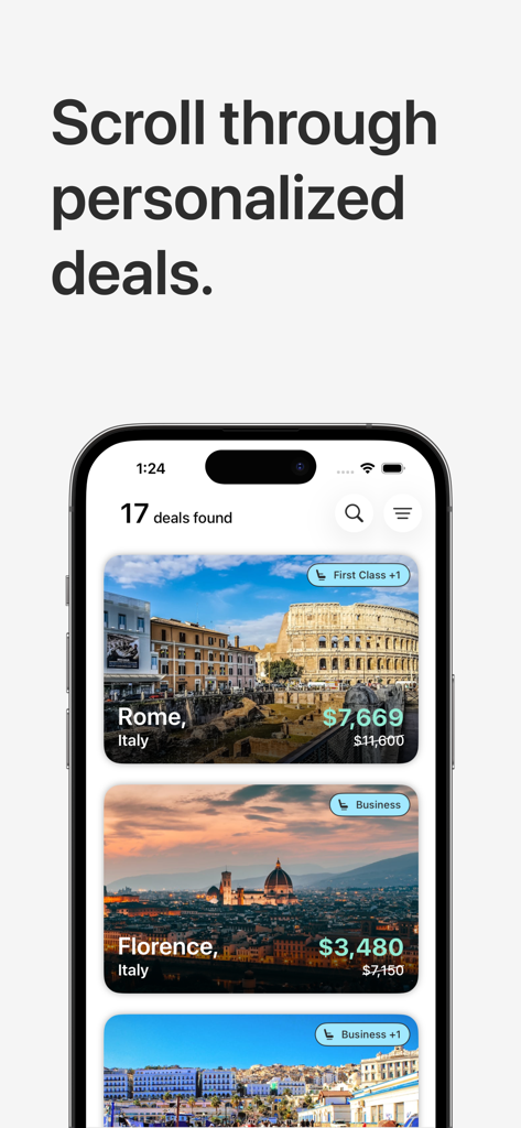 Vaya app screen displaying a personalized feed of flight deals to destinations like Rome and Florence
