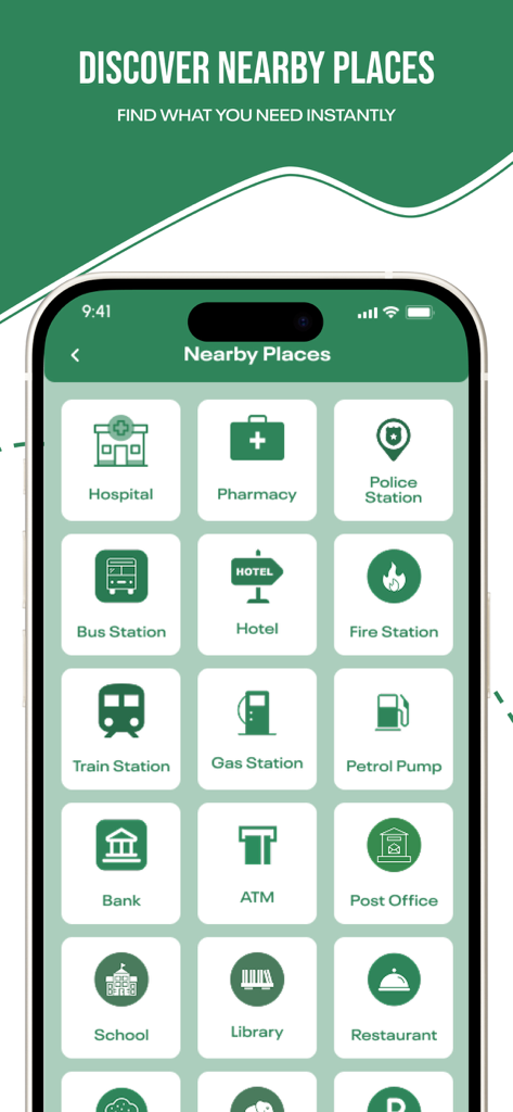 Earth Maps 3D: Live Satellite - Nearby Places screen showing icons for local services like hospitals and banks