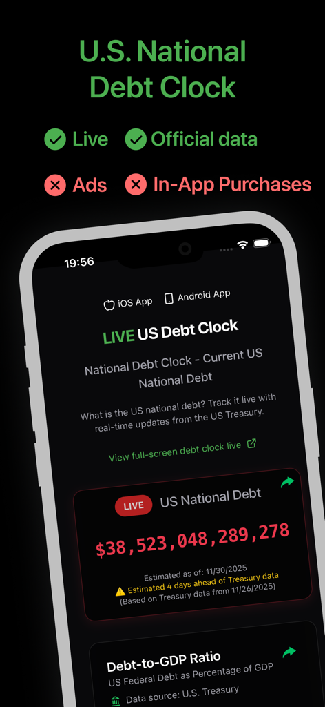 Screenshot of the U.S. Debt-Clock app interface showing the real-time national debt counter and fiscal statistics in dark mode.