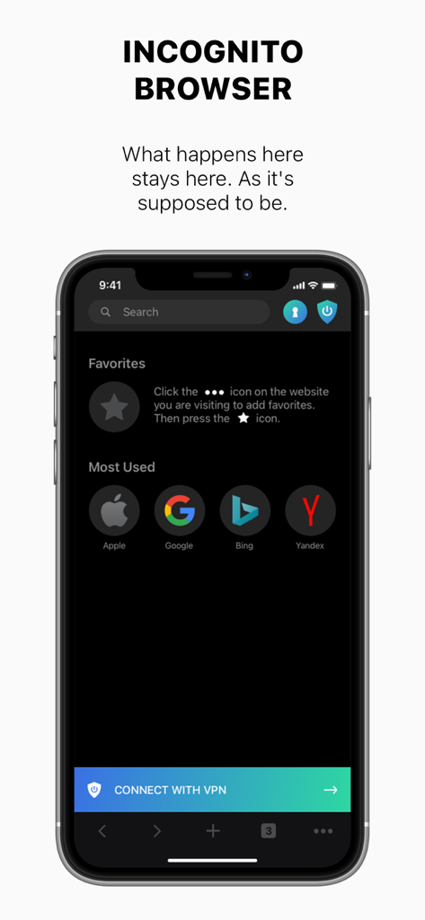 VPN Super Unlimited - Secret - Interfaccia del browser incognito con icone di ricerca privata e un pulsante di connessione VPN su uno schermo di iPhone