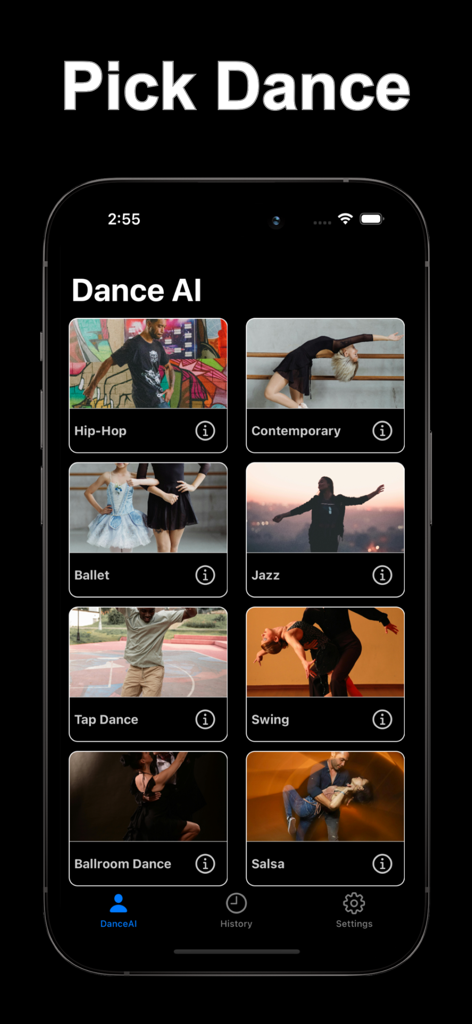 AI Dance Generator - DanceAI - Interfaz de la aplicación Generador de Bailes IA mostrando una selección de estilos de baile incluyendo Hip-Hop, Ballet y Salsa.