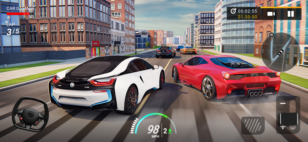 Gameplay von Drive For Speed zeigt Sportwagen, die mit einem Lenkrad und Tacho-UI durch eine Stadt rasen