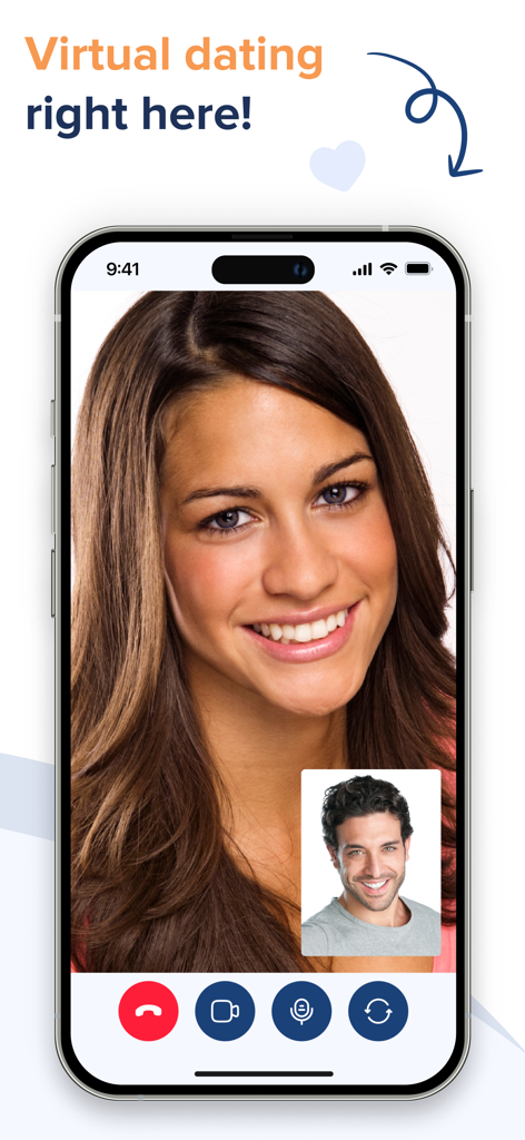 A video call interface on the JWed app showing a man and a woman on a virtual date