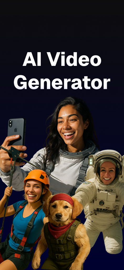 AI Video Generator - VidaxAI - VidaxAI app promotional screen featuring diverse characters including astronauts and an adventurer with the text AI Video Generator