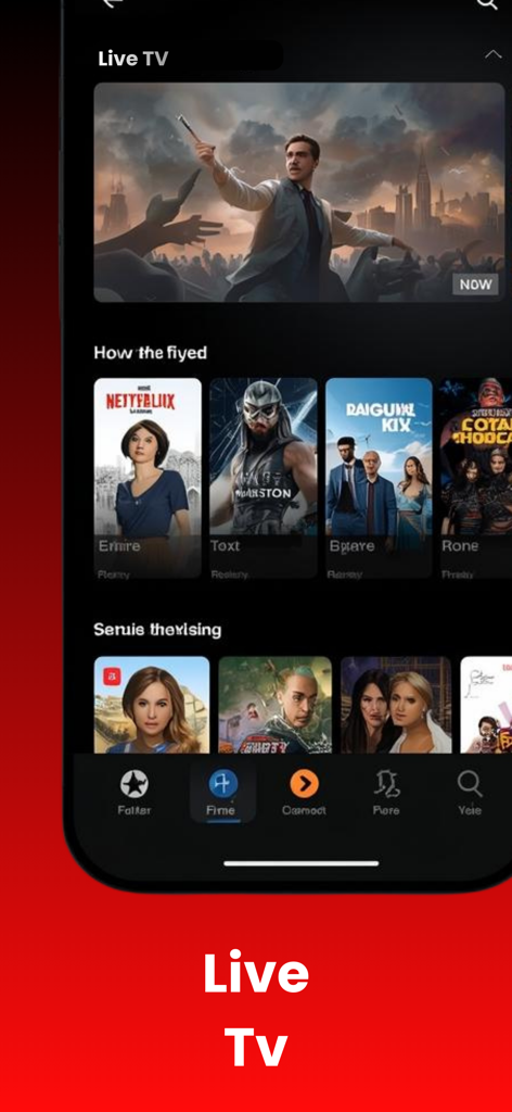 Interface do aplicativo RAVE exibindo a seção de TV ao vivo com pôsteres de filmes e categorias.