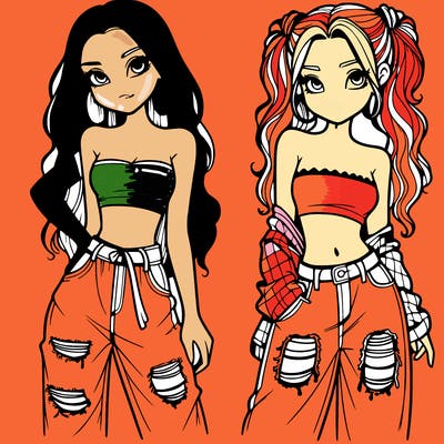 2 girls in crop tops and baggy jeans ripped