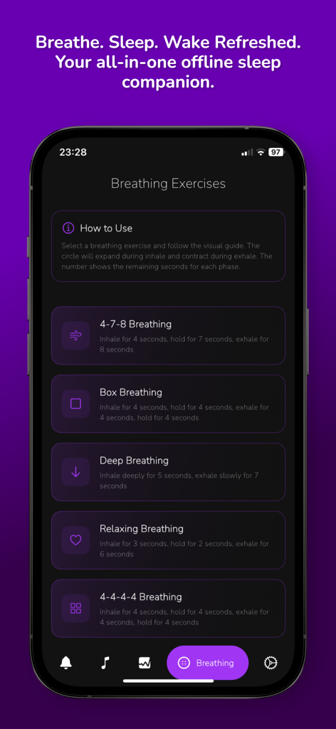 Sleep Sounds • Alarm & Tracker - Menú de ejercicios de respiración guiada en la interfaz de la aplicación Slumberspace con opciones de respiración cuadrada y respiración profunda