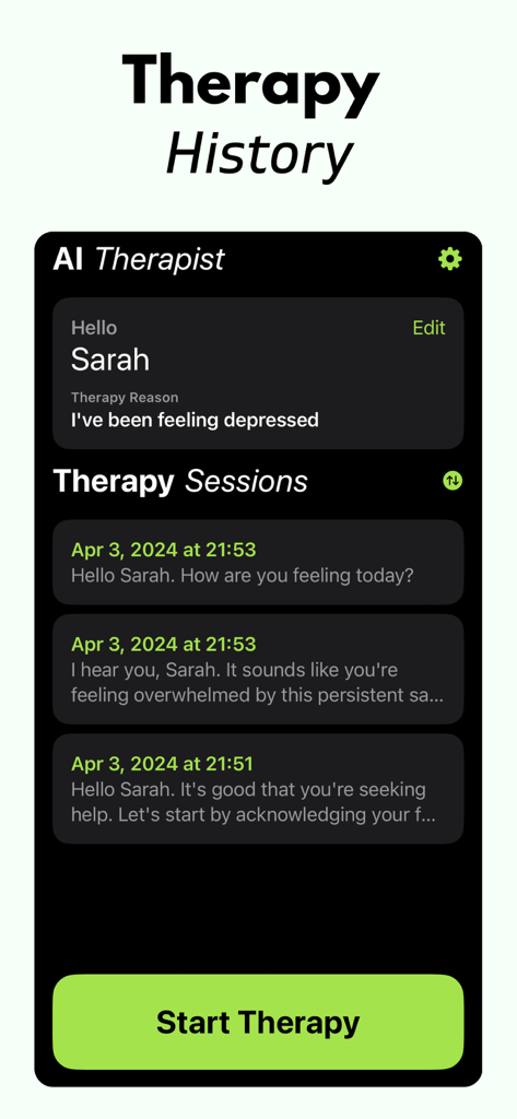AI Therapist: Therapy Chatbot - Mobile app interface displaying a list of previous therapy chat sessions with timestamps and a start therapy button