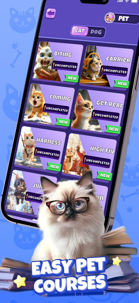 Cat Emotions: Sounds to Pet - Bildschirm einer mobilen App, der verschiedene Katzentrainingskurse wie Beißen und Händeschütteln mit einem Katzenmaskottchen mit Brille anzeigt.