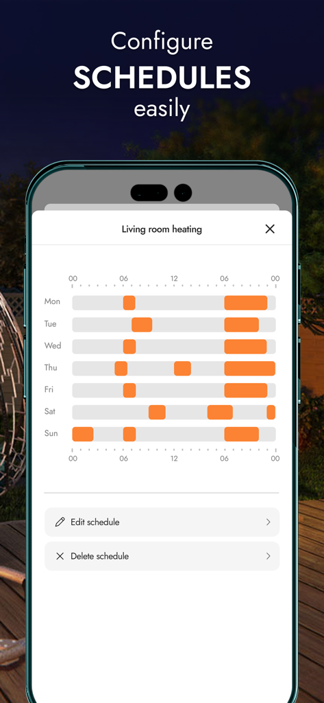 BE WAVE - A mobile app interface from BE WAVE showing a weekly heating schedule configuration for a living room