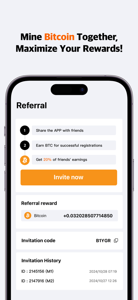 BitTycoon Lite - Schermata referral dell'app BitTycoon Lite che mostra i guadagni del social mining e il codice di invito.