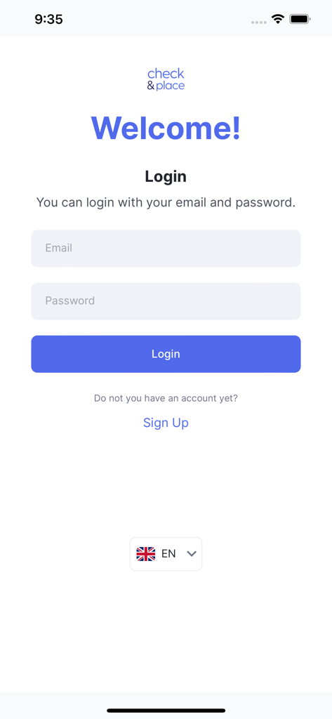 Pantalla de inicio de sesión de la aplicación de gestión de reservas de restaurantes Check and Place que muestra campos de entrada de correo electrónico y contraseña