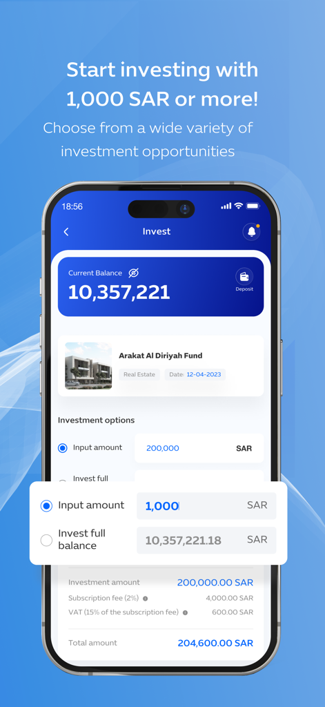 Aseel | أصيل - Interfaccia dell'app mobile Aseel che mostra opzioni di investimento immobiliare e dettagli del fondo per l'Arakat Al Diriyah Fund.