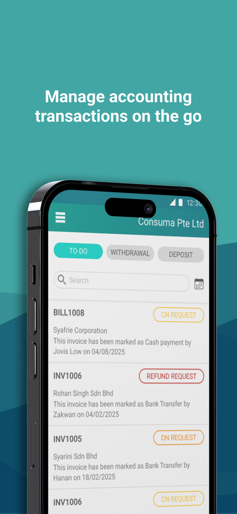 ABSS / Financio CONNECT - Mobile app screen showing accounting transaction management and invoice tracking