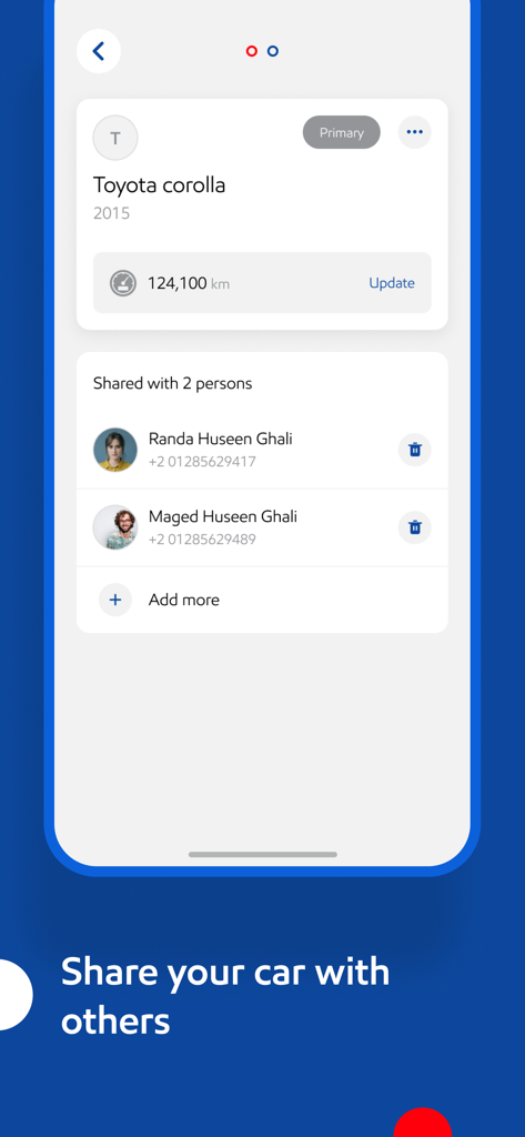 Mobilawy - Mobilawy app interface showing vehicle details and shared users for a Toyota Corolla.