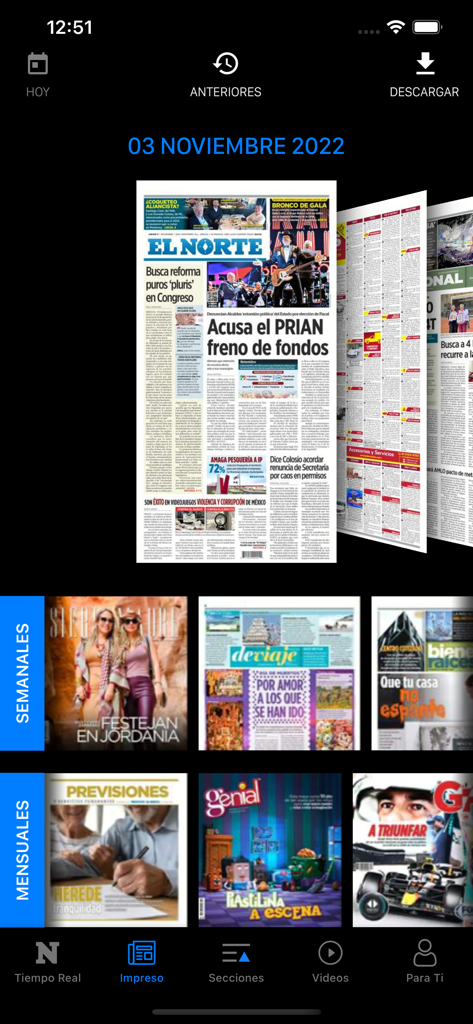 Aplicación EL NORTE mostrando la edición impresa digital y suplementos de revista