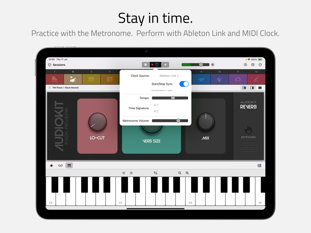 Sessions app interface on iPad showing beat clock and Ableton Link settings with a virtual keyboard