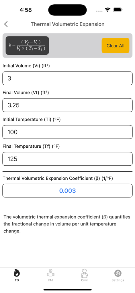 Thermal Volumetric Expansion calculator interface