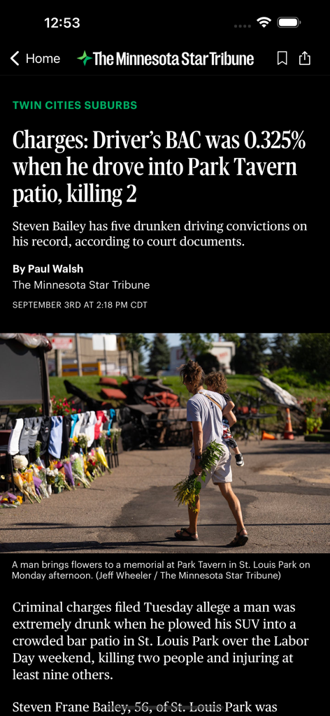 The Minnesota Star Tribune - News article interface of the Minnesota Star Tribune app showing a local report on Twin Cities suburbs
