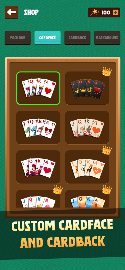 Customizable playing card face designs in the Solitaire game shop