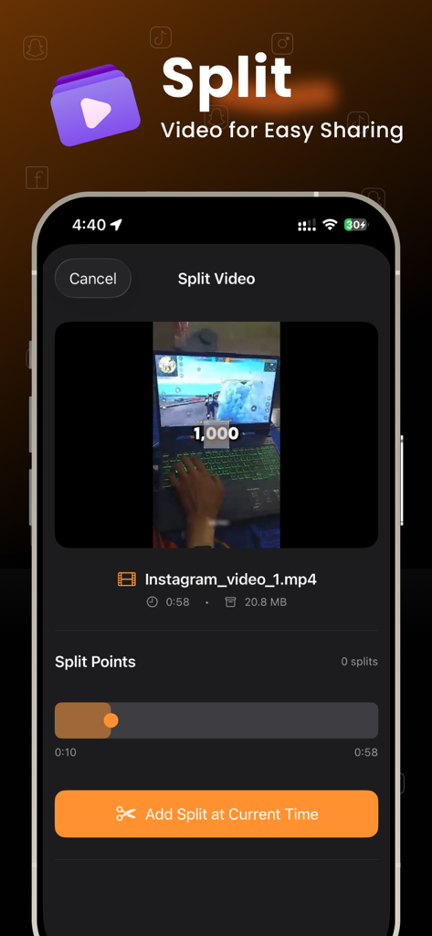 Blaze app interface showing the video splitting tool for social media clips