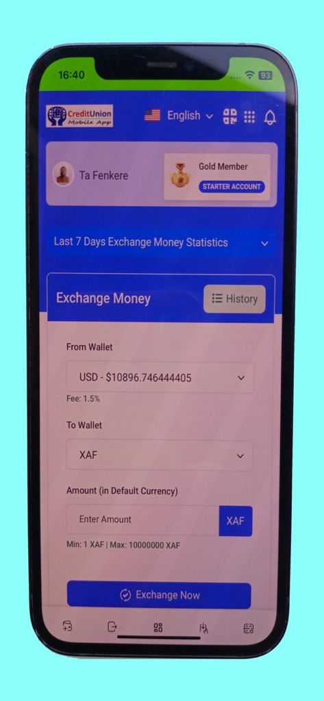 Credit Union Mobile App - Currency exchange screen in the Credit Union Mobile App for converting USD to XAF