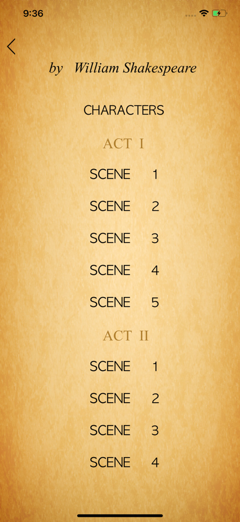 Inhaltsverzeichnis, das Akte und Szenen eines Shakespeare-Theaterstücks zeigt