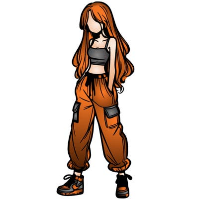 girl in baggy pants crop top and long hair
