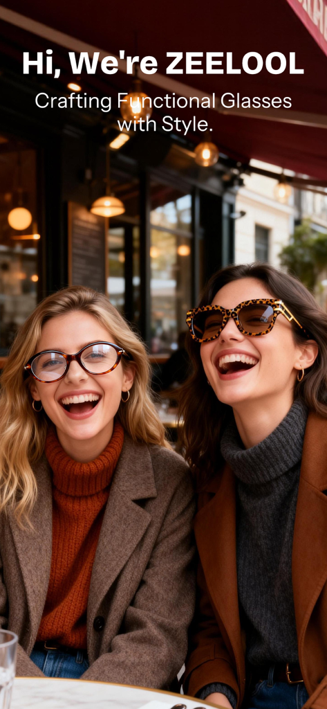 Zeelool - Eyewear For Everyday - Deux femmes portant des lunettes de vue Zeelool tendance et des lunettes de soleil léopard riant dans un café en plein air.